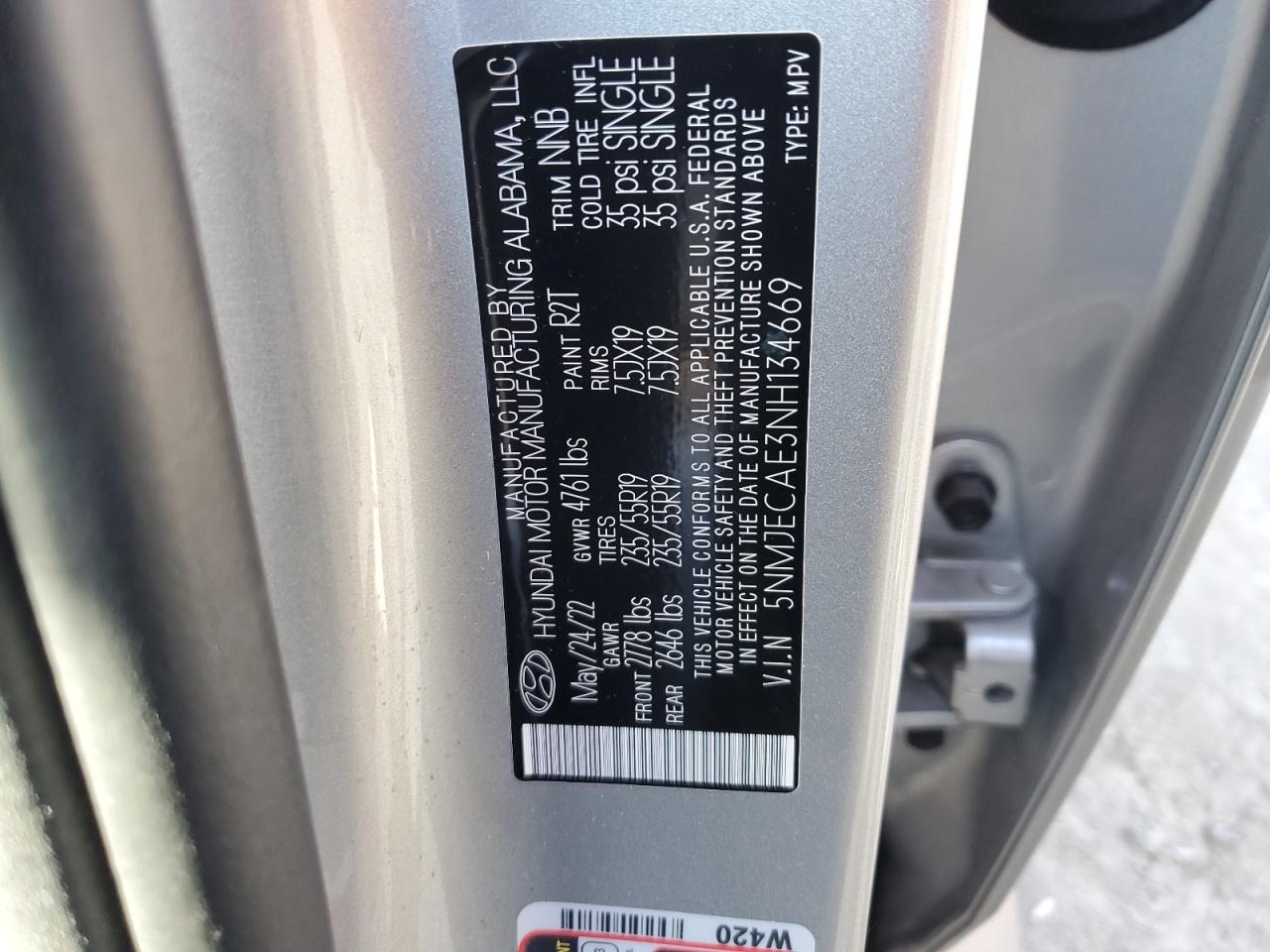 2022 Hyundai Tucson VIN 5NMJECAE3NH134669 Copart auction photo, rear end damage thumbnail 13