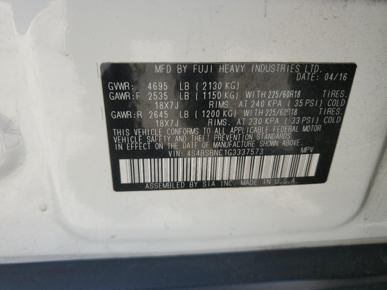 2016 Subaru Outback VIN 4S4BSBNC1G3337573 Copart auction photo, front end / hail damage thumbnail 14