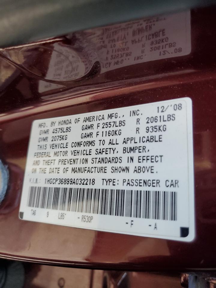 2009 Honda Accord VIN 1HGCP36899A032218 Copart auction photo, front end / minor dent/scratches damage thumbnail 12