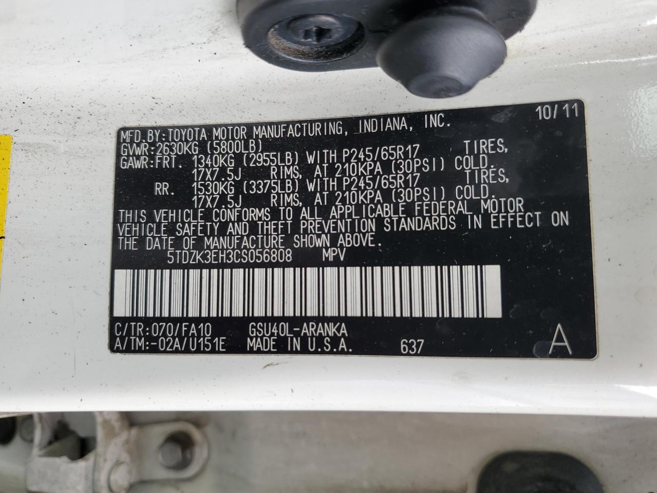 2012 Toyota Highlander VIN 5TDZK3EH3CS056808 Copart auction photo, burn damage thumbnail 13