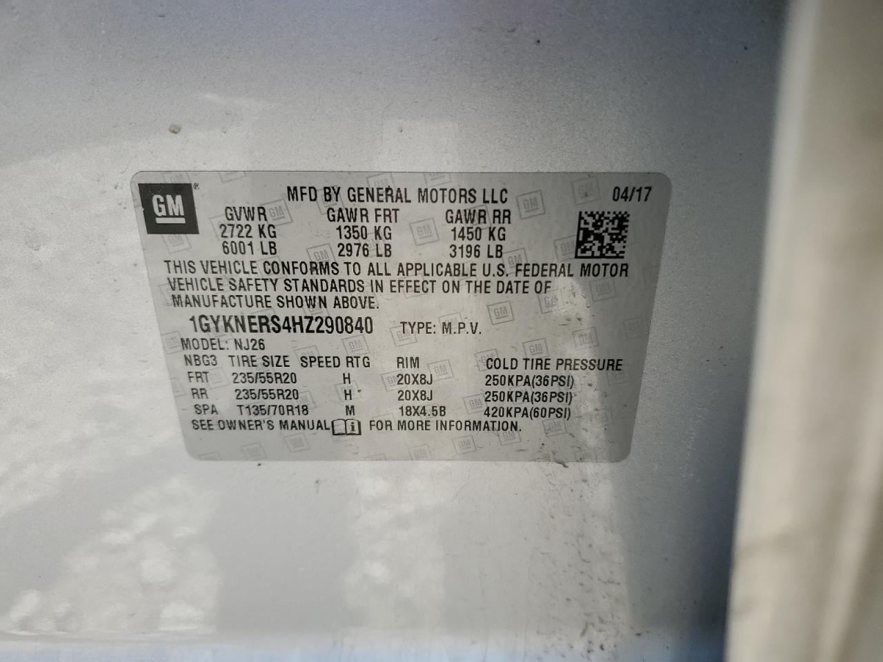2017 Cadillac XT5 VIN 1GYKNERS4HZ290840 Copart auction photo, front end damage thumbnail 15