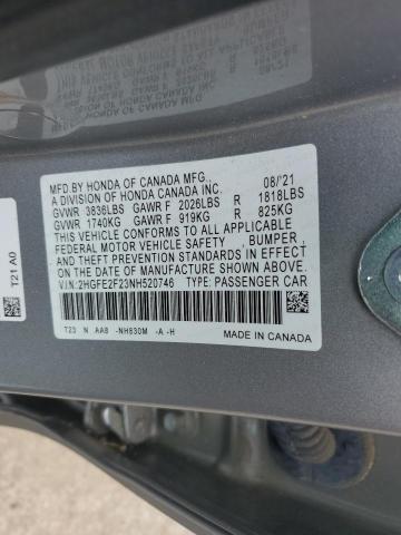 2022 Honda Civic VIN 2HGFE2F23NH520746 Copart auction photo, top/roof / front end damage thumbnail 12
