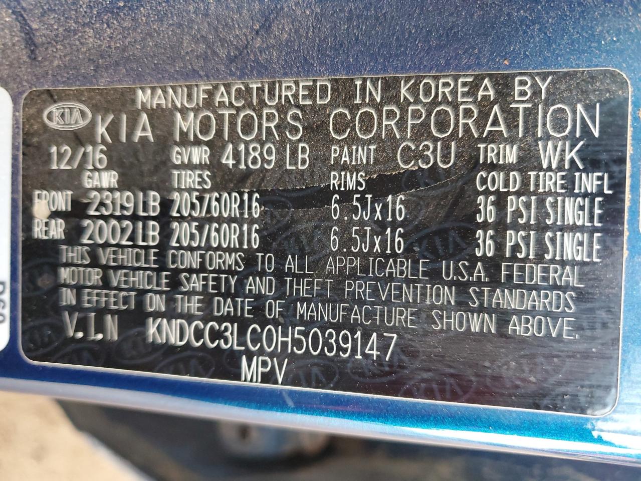 2017 KIA Niro VIN KNDCC3LC0H5039147 Copart auction photo, front end / side damage thumbnail 12