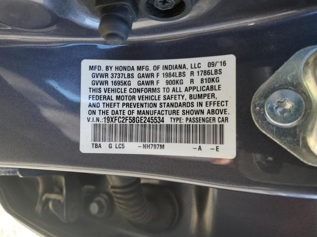 2016 Honda Civic VIN 19XFC2F58GE245534 Copart auction photo, front end / side damage thumbnail 12