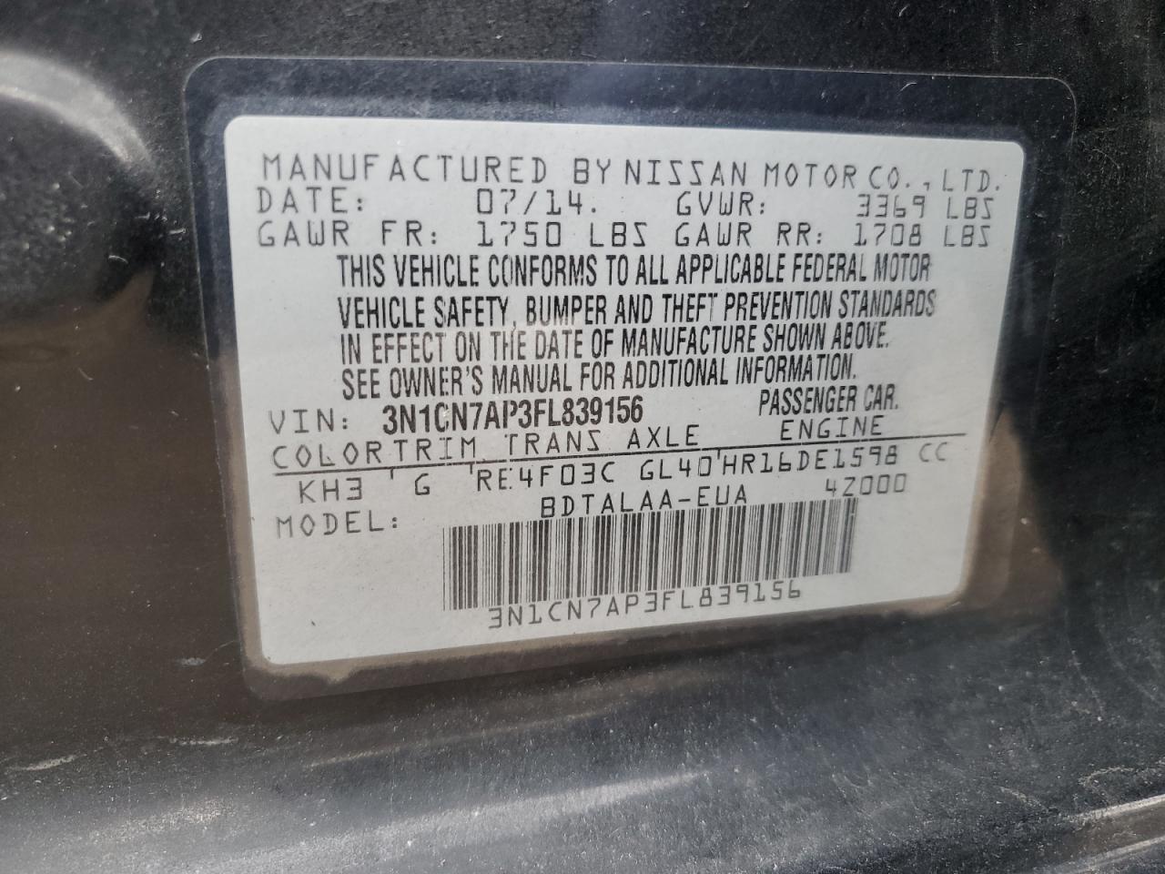 2015 Nissan Versa VIN 3N1CN7AP3FL839156 Copart auction photo, front end damage thumbnail 12