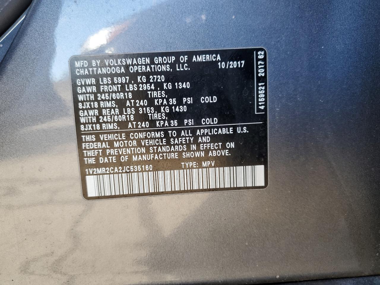 2018 Volkswagen Atlas VIN 1V2MR2CA2JC535160 Copart auction photo, front end / minor dent/scratches damage thumbnail 13
