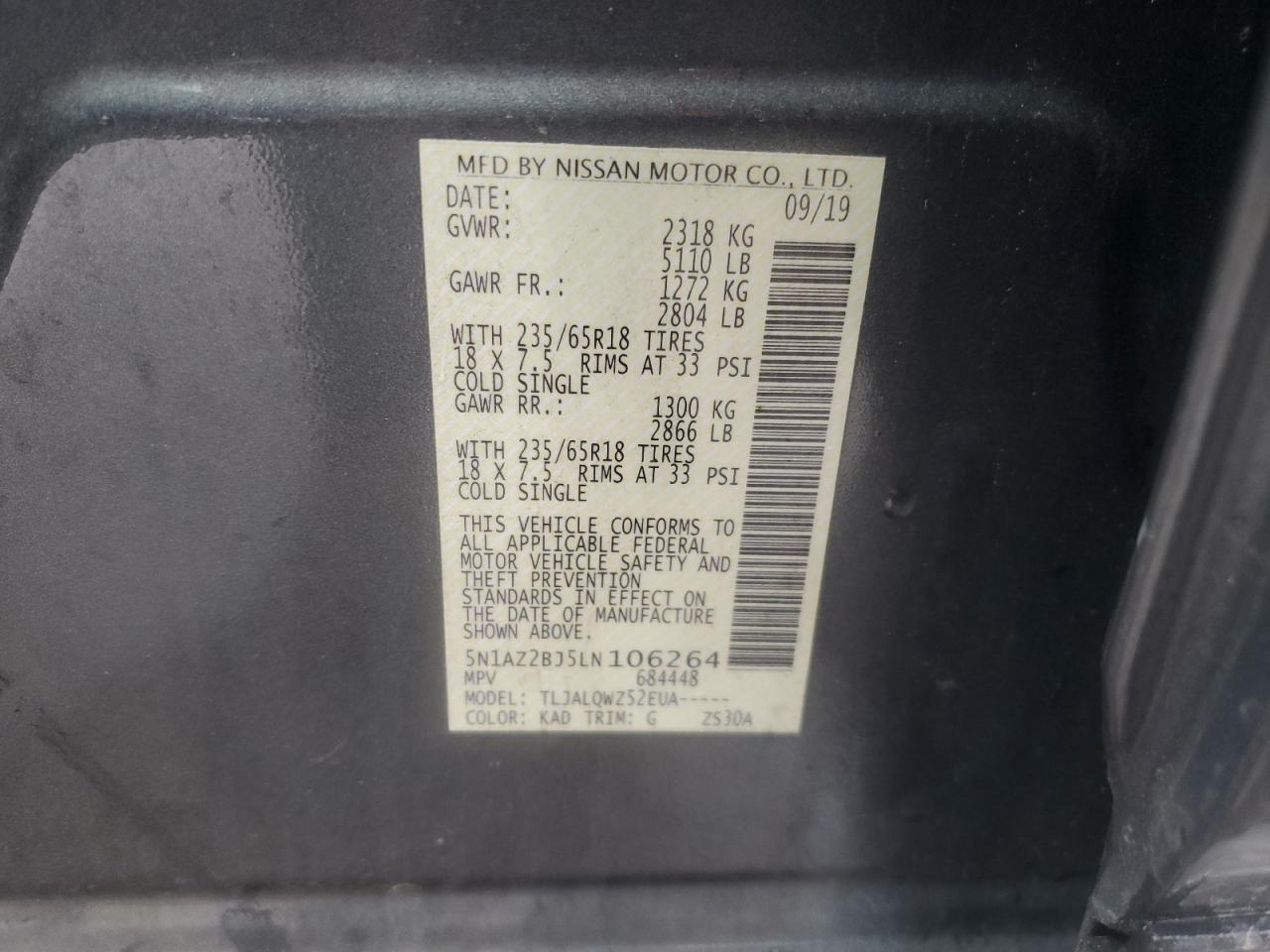 2020 Nissan Murano VIN 5N1AZ2BJ5LN106264 Copart auction photo, rear end damage thumbnail 13