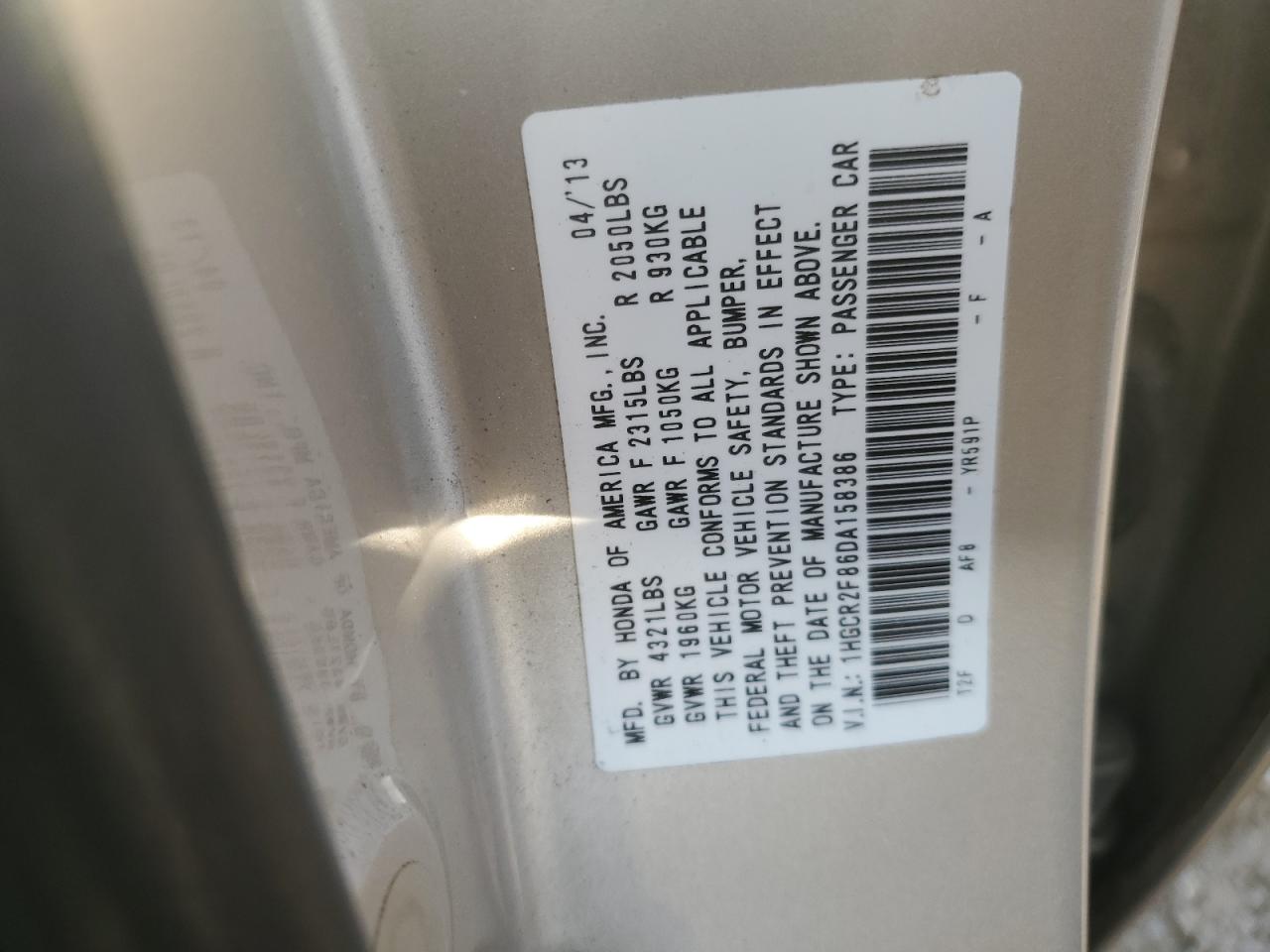 2013 Honda Accord VIN 1HGCR2F86DA158386 Copart auction photo, rear end / minor dent/scratches damage thumbnail 12