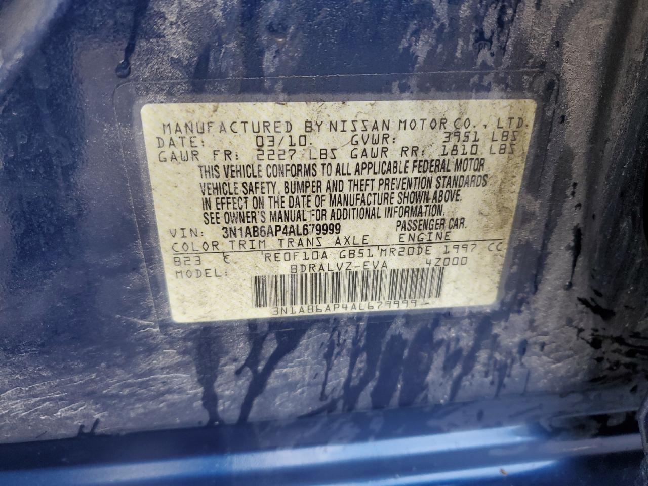 2010 Nissan Sentra VIN 3N1AB6AP4AL679999 Copart auction photo, mechanical / front end damage thumbnail 12