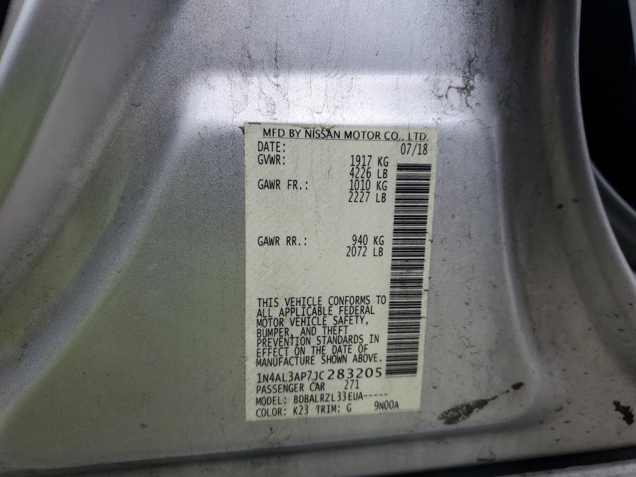 2018 Nissan Altima VIN 1N4AL3AP7JC283205 Copart auction photo, rear end / mechanical damage thumbnail 12