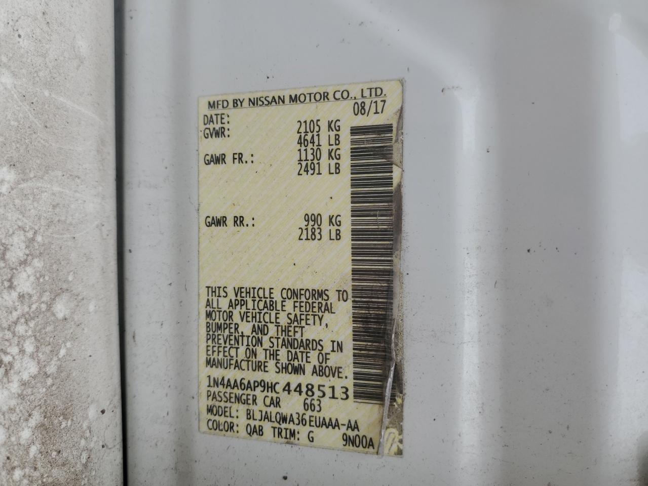 2017 Nissan Maxima VIN 1N4AA6AP9HC448513 Copart auction photo, front end damage thumbnail 15