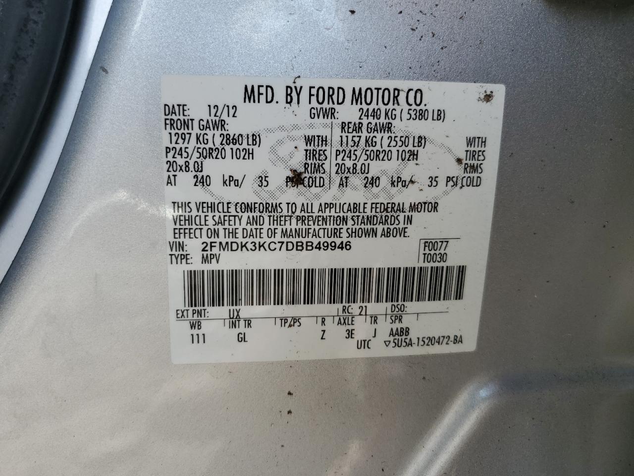 2013 Ford Edge VIN 2FMDK3KC7DBB49946 Copart auction photo, top/roof damage thumbnail 12