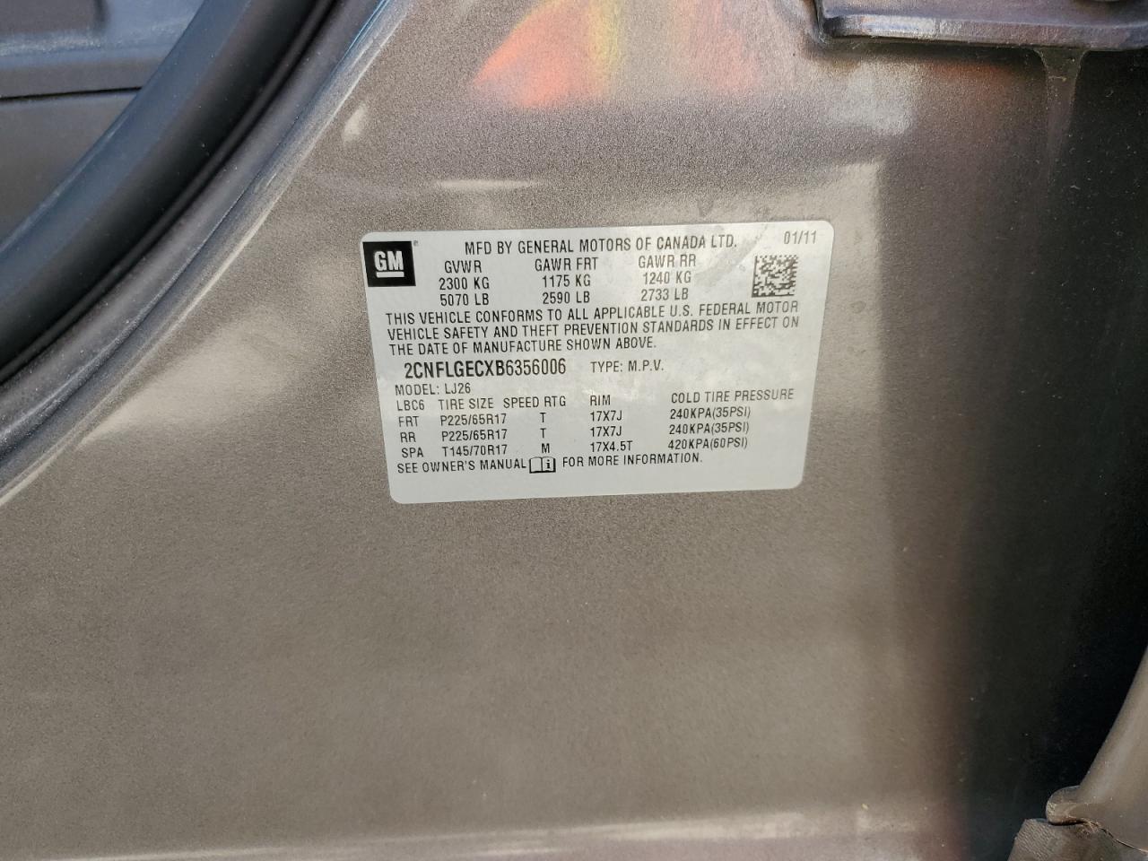 2011 Chevrolet Equinox VIN 2CNFLGECXB6356006 Copart auction photo, front end / minor dent/scratches damage thumbnail 13