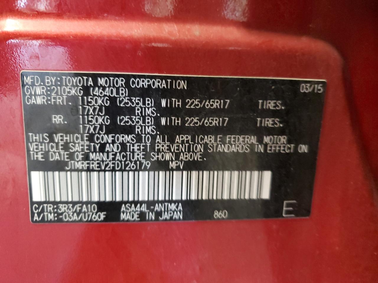 2015 Toyota RAV 4 VIN JTMRFREV2FD126179 Copart auction photo, side damage thumbnail 15