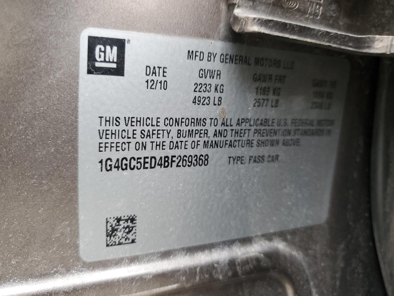 2011 Buick LaCrosse VIN 1G4GC5ED4BF269368 Copart auction photo, side damage thumbnail 14