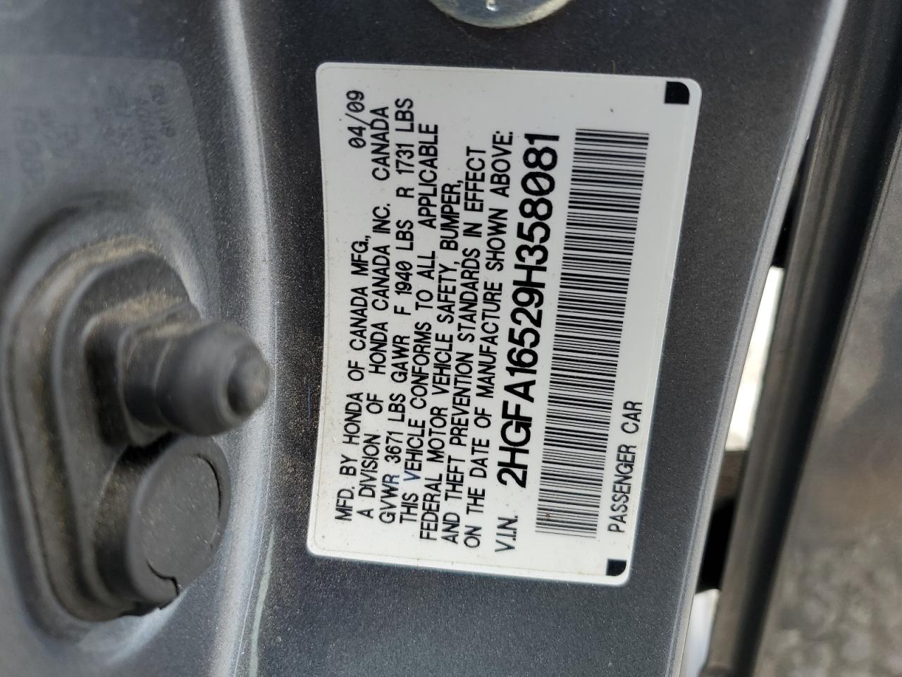 2009 Honda Civic VIN 2HGFA16529H358081 Copart auction photo, front end damage thumbnail 14