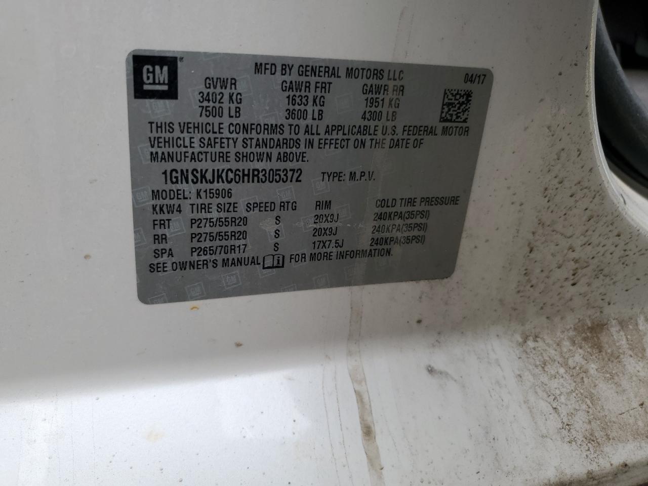 2017 Chevrolet Suburban VIN 1GNSKJKC6HR305372 Copart auction photo, front end damage thumbnail 14