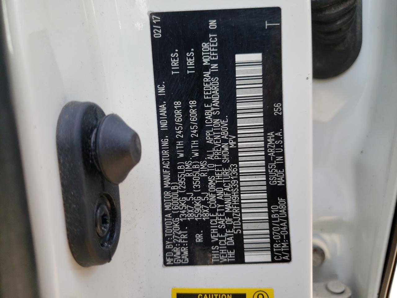 2017 Toyota Highlander VIN 5TDJZRFH9HS391363 Copart auction photo, front end damage thumbnail 13