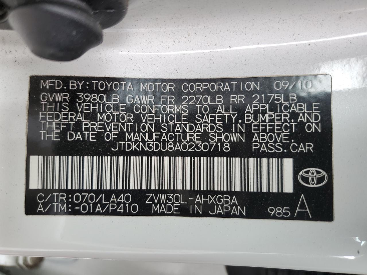 2010 Toyota Prius VIN JTDKN3DU8A0230718 Copart auction photo, vandalism / minor dent/scratches damage thumbnail 12