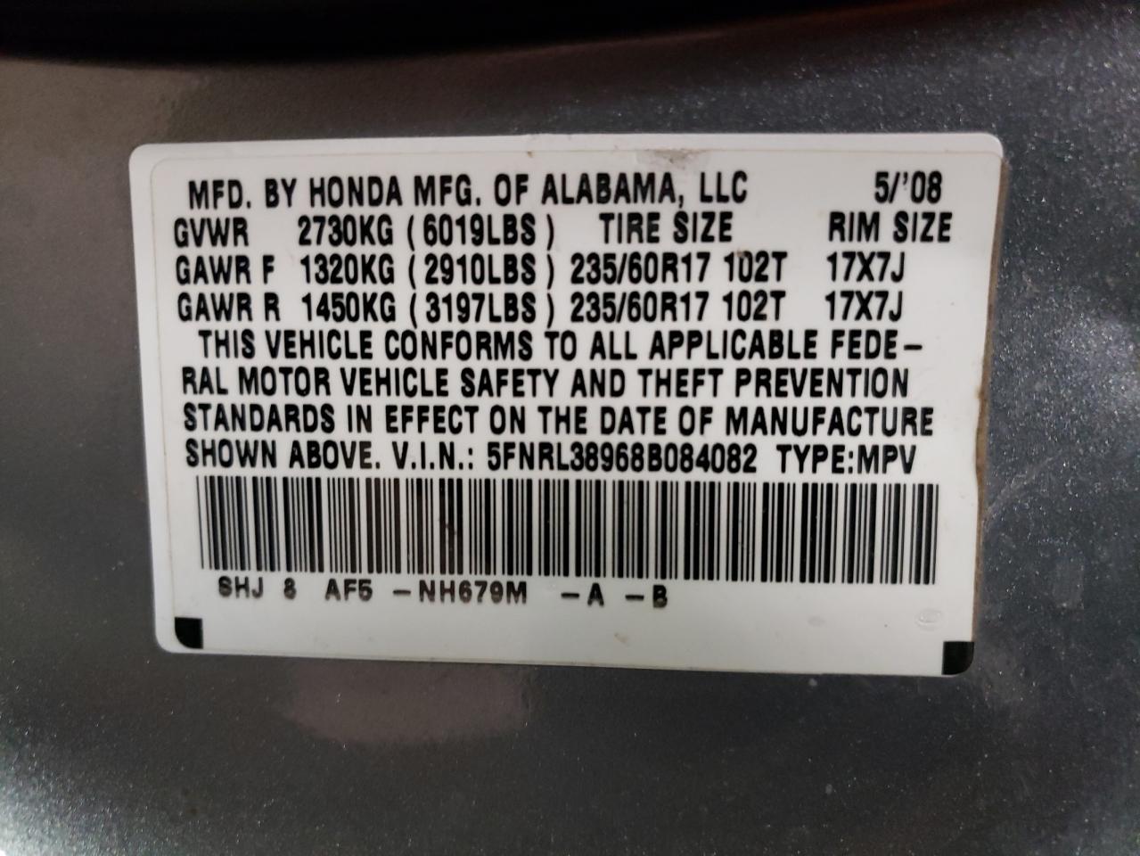 2008 Honda Odyssey VIN 5FNRL38968B084082 Copart auction photo, side / rear end damage thumbnail 13
