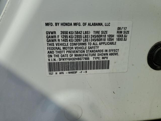 2017 Honda Pilot VIN 5FNYF6H32HB077906 Copart auction photo, hail damage thumbnail 13