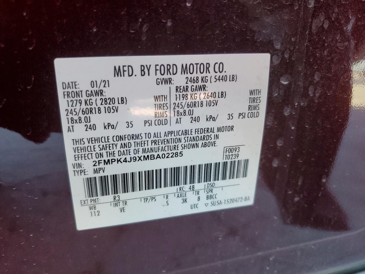 2021 Ford Edge VIN 2FMPK4J9XMBA02285 Copart auction photo, front end / side damage thumbnail 13