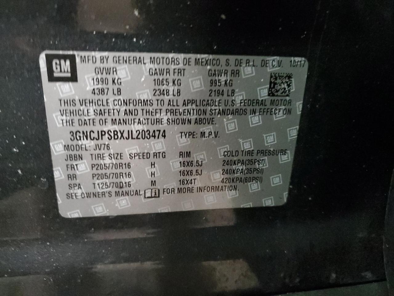 2018 Chevrolet Trax VIN 3GNCJPSBXJL203474 Copart auction photo, front end damage thumbnail 13