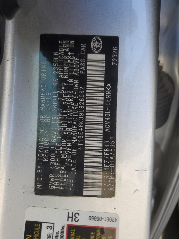 2009 Toyota Camry VIN 4T1BE46K39U826062 Copart auction photo, rear end damage thumbnail 12