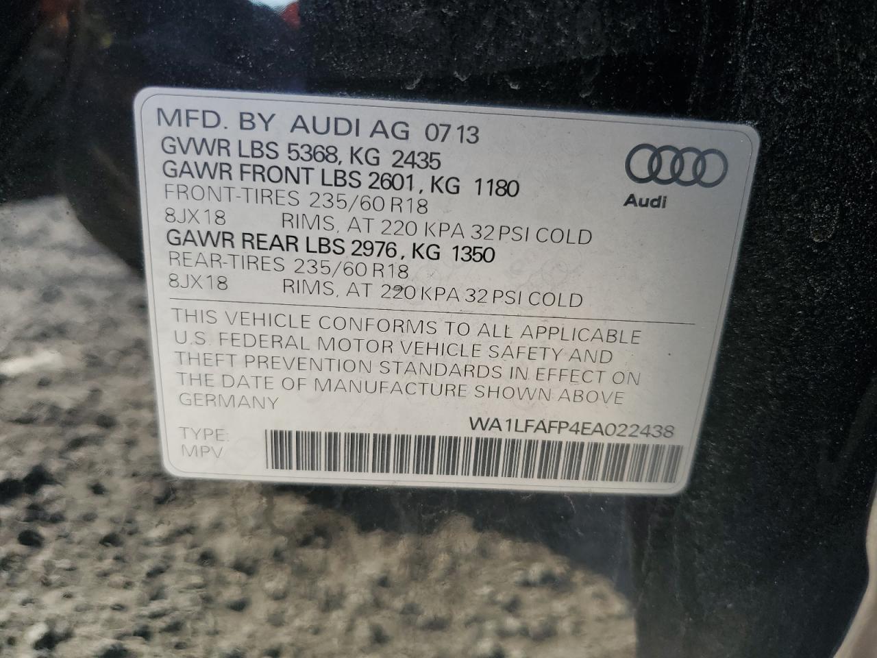 2014 Audi Q5 VIN WA1LFAFP4EA022438 Copart auction photo, mechanical damage thumbnail 13