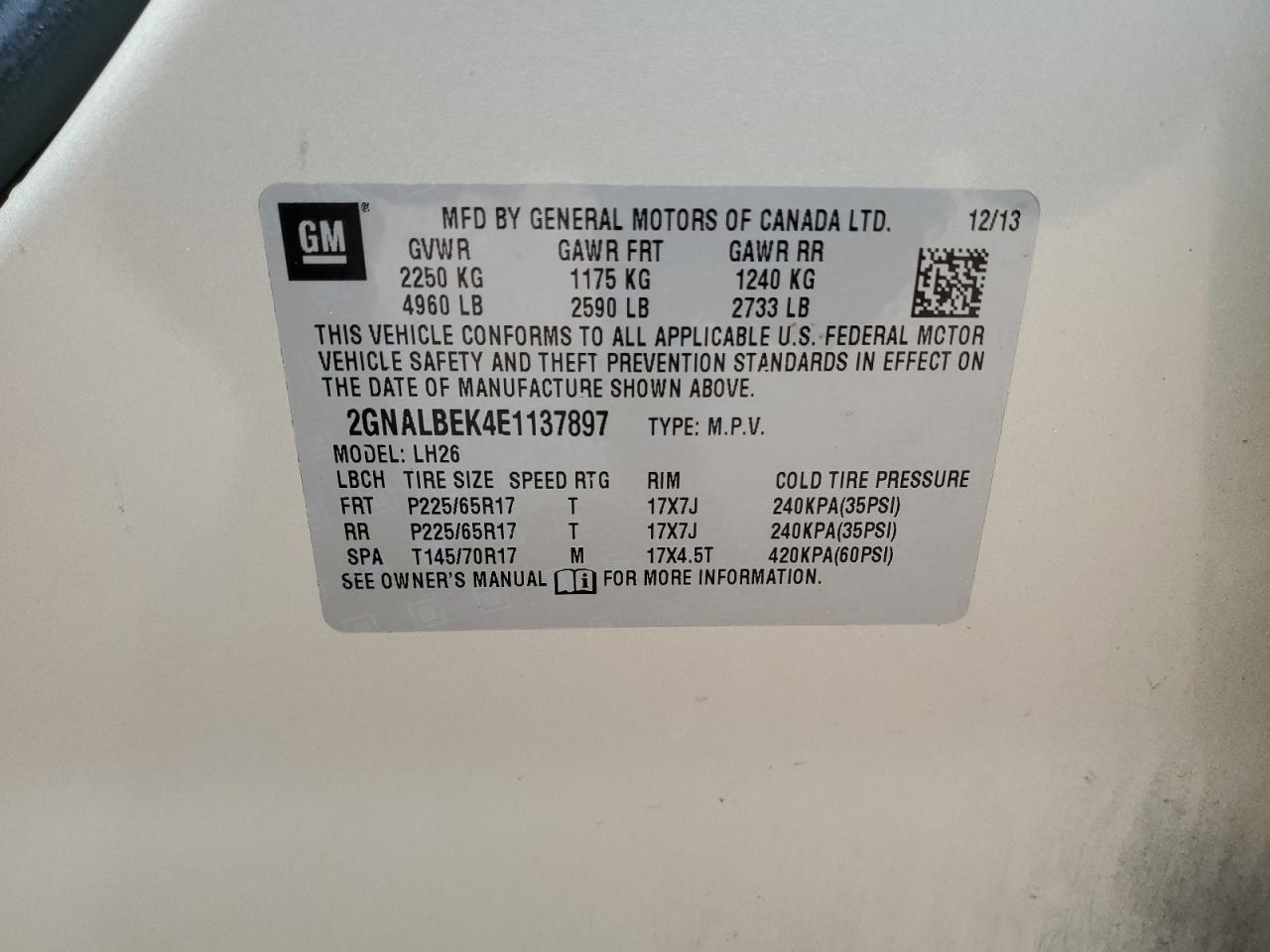 2014 Chevrolet Equinox VIN 2GNALBEK4E1137897 Copart auction photo, front end damage thumbnail 13