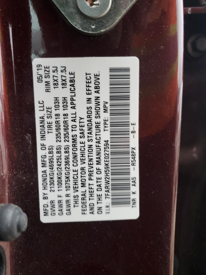 2019 Honda CR-V VIN 7FARW2H59KE027594 Copart auction photo, all over damage thumbnail 15