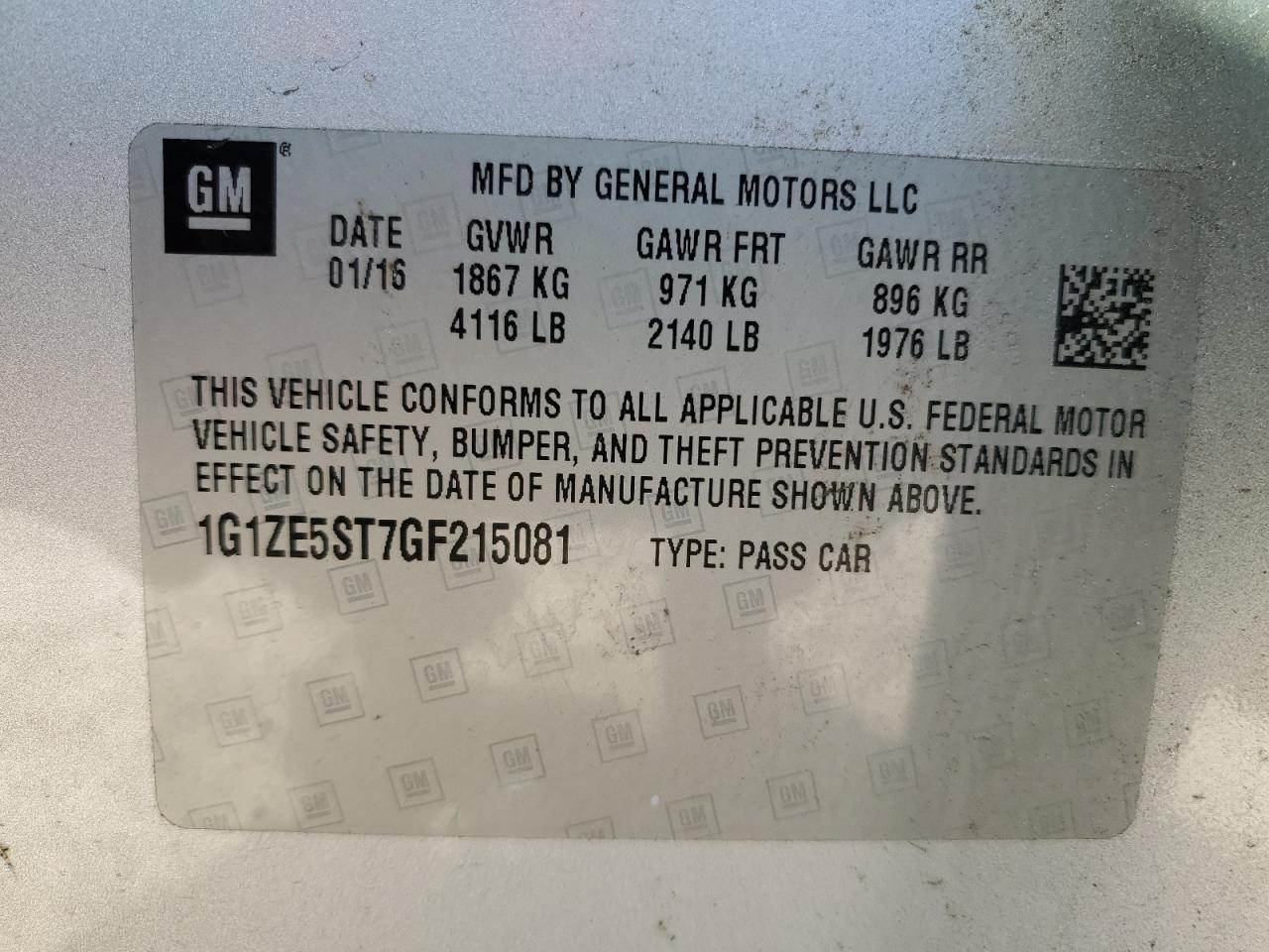 2016 Chevrolet Malibu VIN 1G1ZE5ST7GF215081 Copart auction photo, front end / side damage thumbnail 12