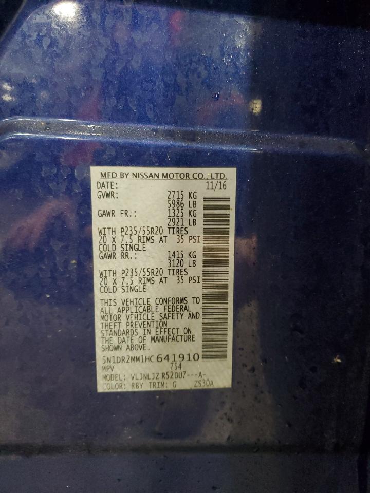 2017 Nissan Pathfinder VIN 5N1DR2MM1HC641910 Copart auction photo, rear end / hail damage thumbnail 13