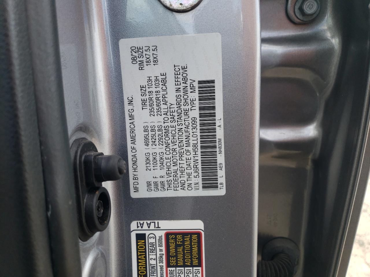 2020 Honda CR-V VIN 5J6RW1H58LL013099 Copart auction photo, mechanical / front end damage thumbnail 15
