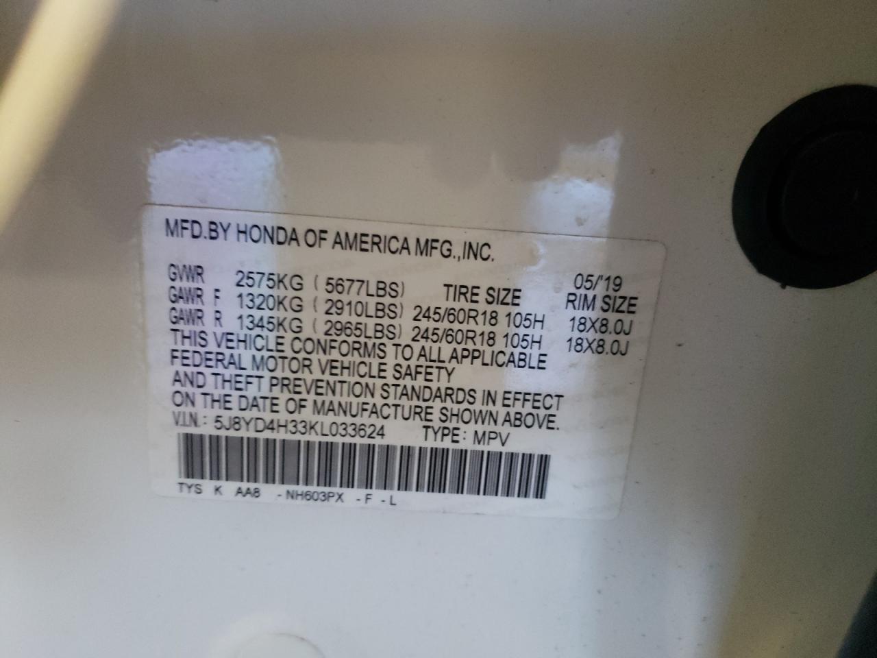 2019 Acura MDX VIN 5J8YD4H33KL033624 Copart auction photo, side damage thumbnail 16