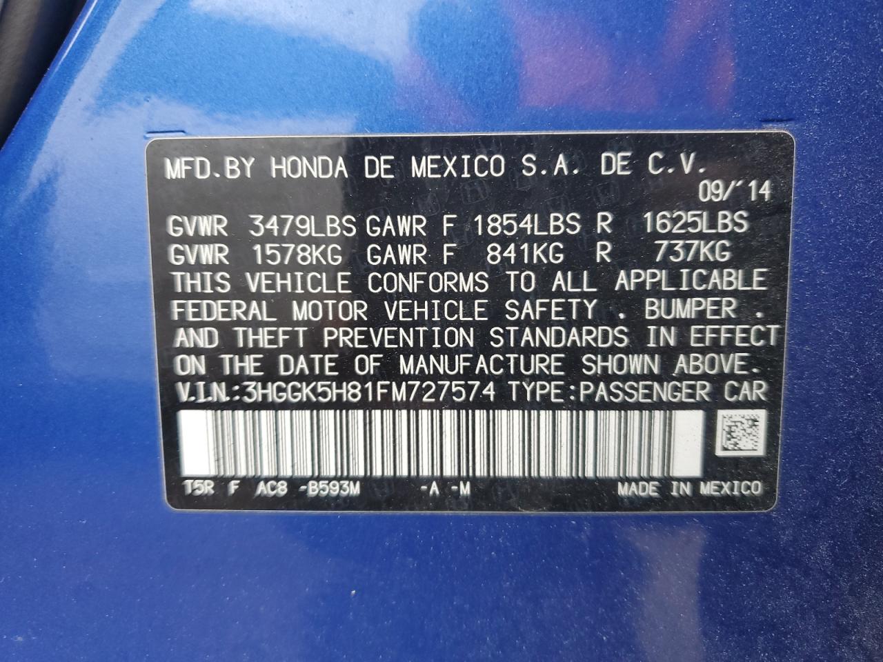 2015 Honda Fit VIN 3HGGK5H81FM727574 Copart auction photo, front end damage thumbnail 12