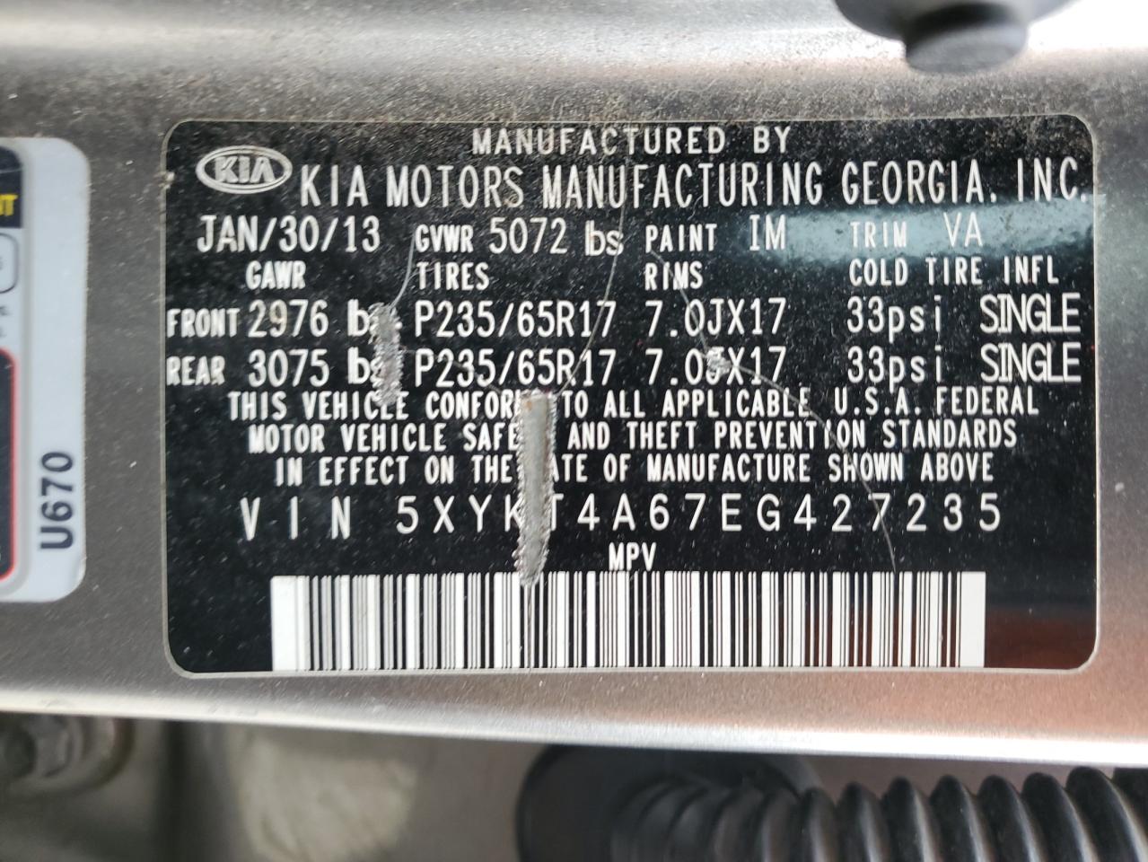 2014 KIA Sorento VIN 5XYKT4A67EG427235 Copart auction photo, front end / side damage thumbnail 12