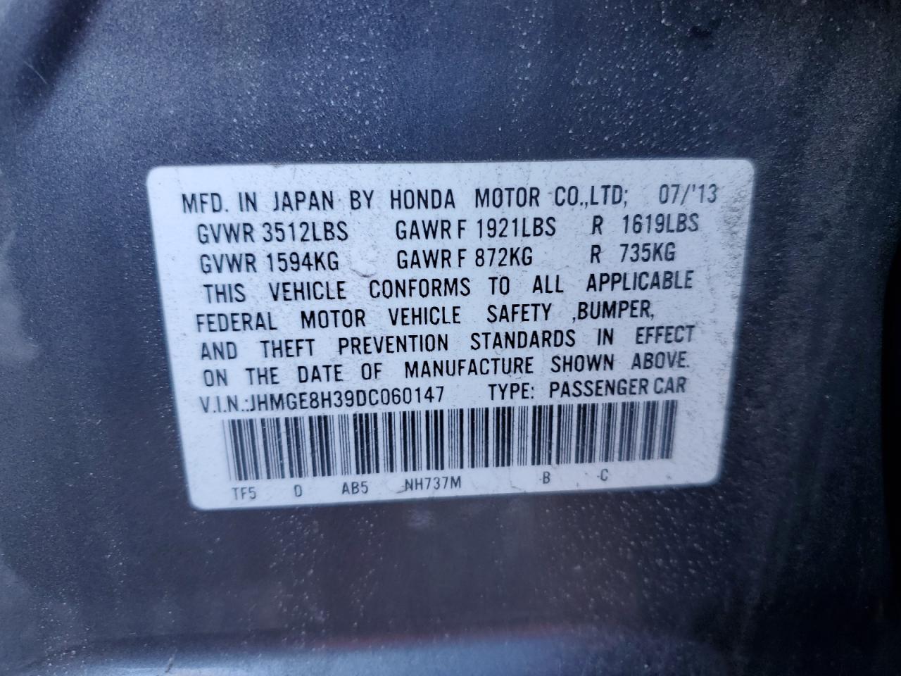 2013 Honda Fit VIN JHMGE8H39DC060147 Copart auction photo, front end damage thumbnail 14