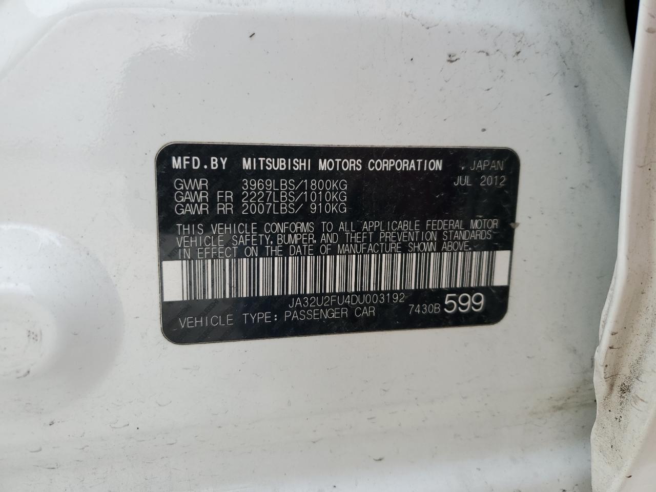 2013 Mitsubishi Lancer VIN JA32U2FU4DU003192 Copart auction photo, front end damage thumbnail 12