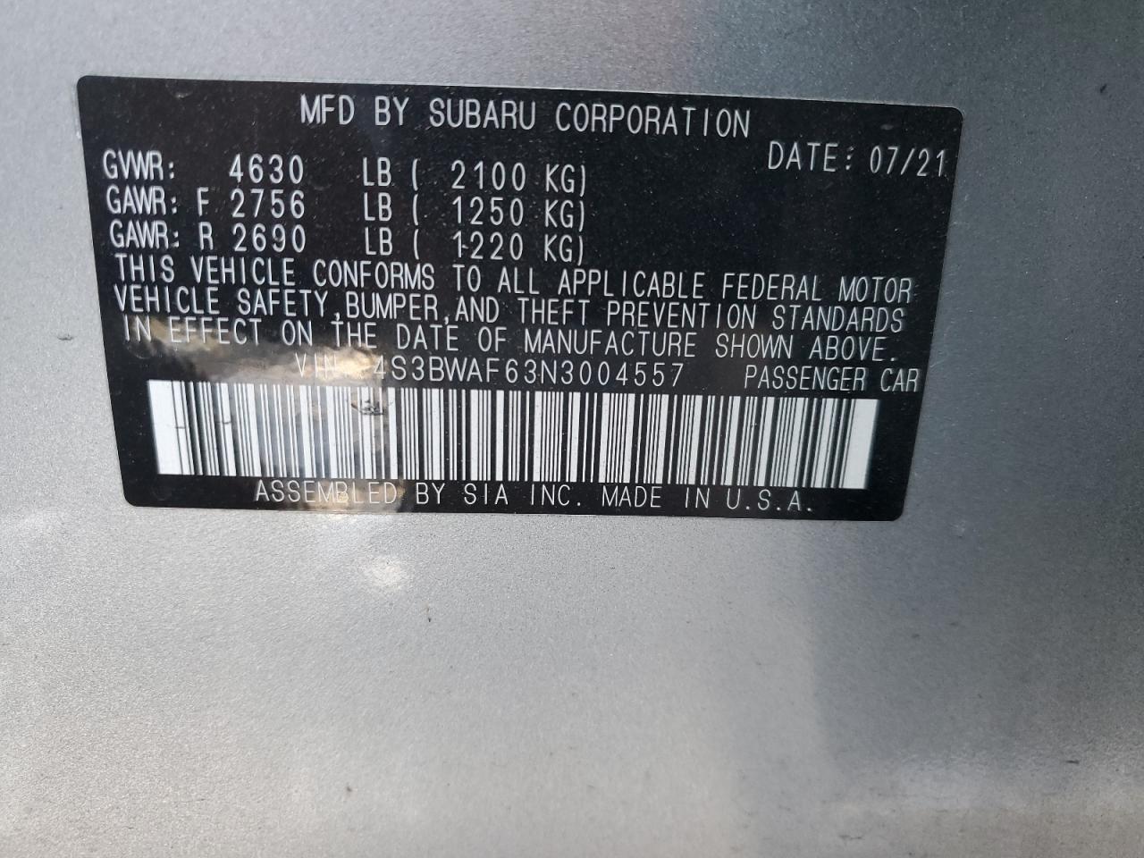2022 Subaru Legacy VIN 4S3BWAF63N3004557 Copart auction photo, rear end / minor dent/scratches damage thumbnail 12