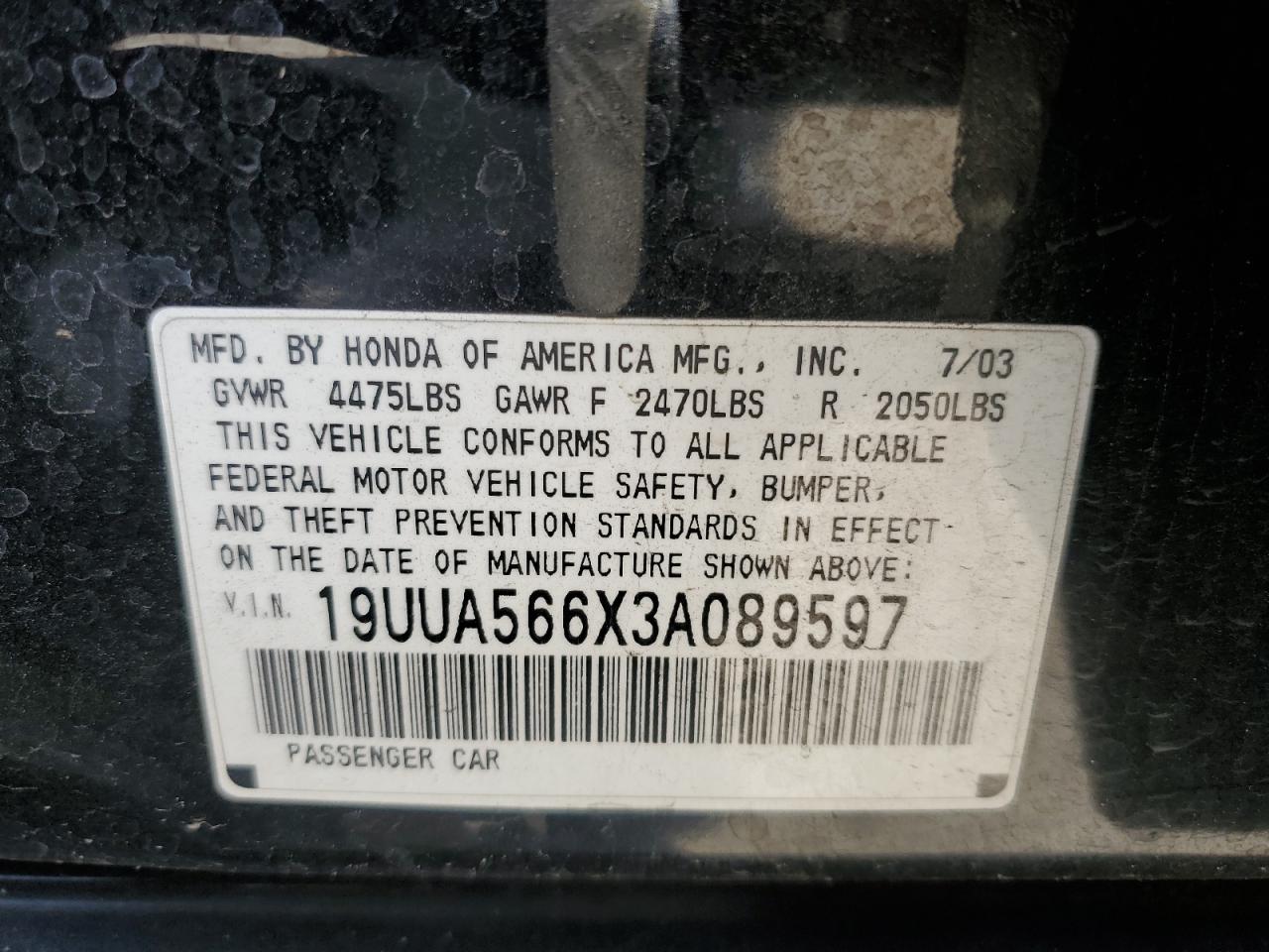 2003 Acura TL VIN 19UUA566X3A089597 Copart auction photo, rear end / minor dent/scratches damage thumbnail 14