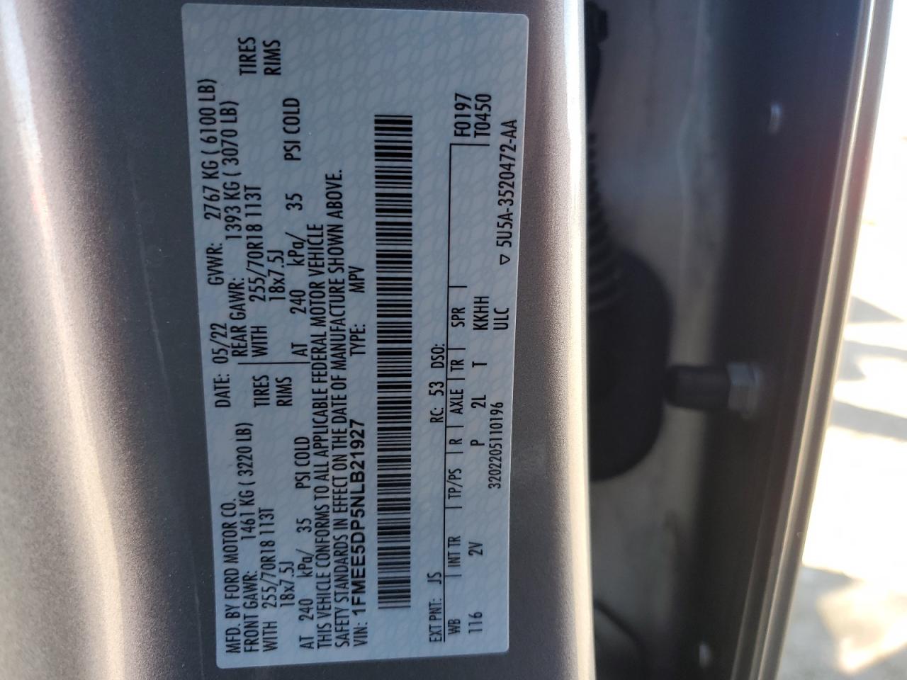 2022 Ford Bronco VIN 1FMEE5DP5NLB21927 Copart auction photo, burn damage thumbnail 15