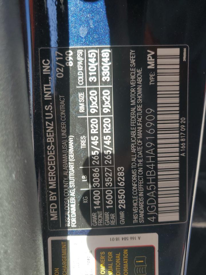 2017 Mercedes-Benz GLE VIN 4JGDA5HB4HA916909 Copart auction photo, rear end damage thumbnail 13