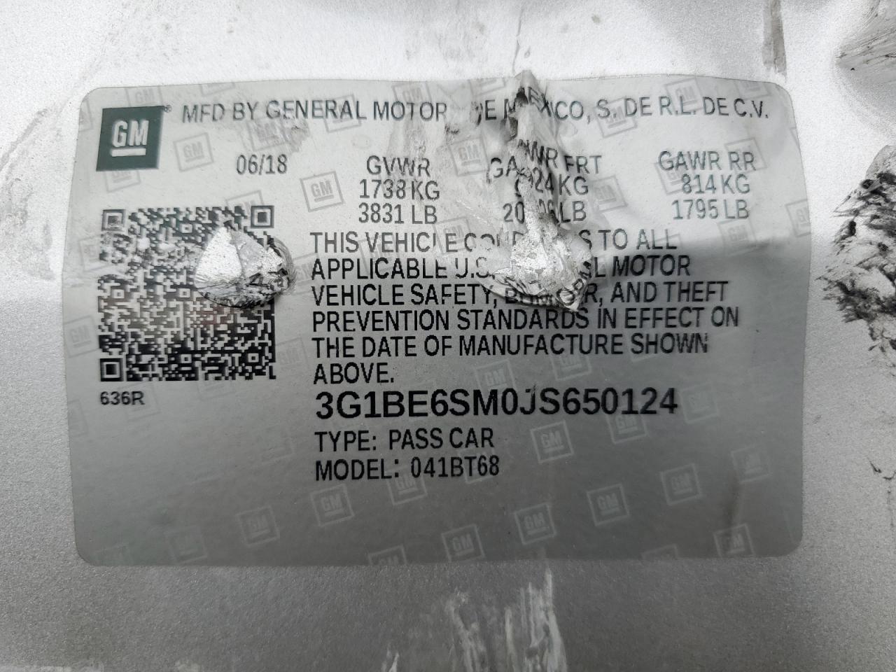 2018 Chevrolet Cruze VIN 3G1BE6SM0JS650124 Copart auction photo, side / top/roof damage thumbnail 14