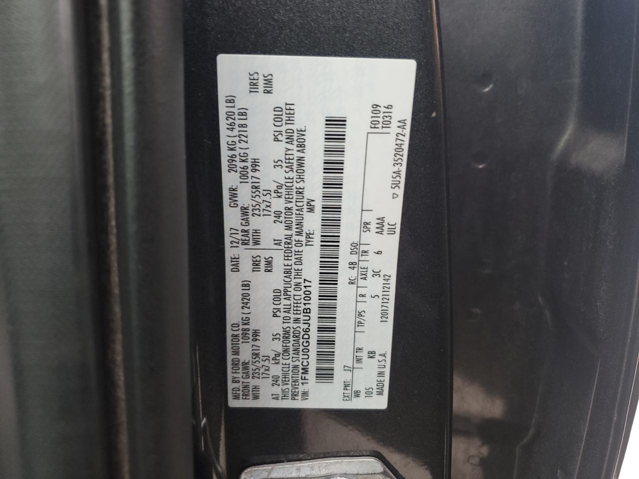 2018 Ford Escape VIN 1FMCU0GD6JUB10017 Copart auction photo, front end / rear end damage thumbnail 13