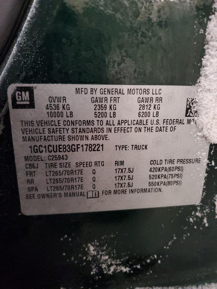 2016 Chevrolet Silverado VIN 1GC1CUE83GF178221 Copart auction photo, front end / side damage thumbnail 12
