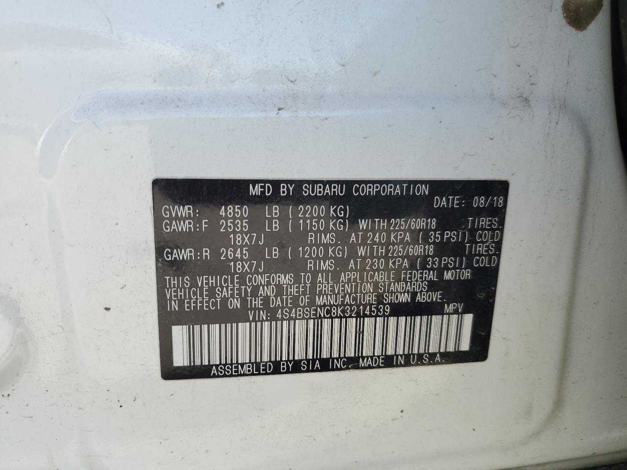 2019 Subaru Outback VIN 4S4BSENC8K3214539 Copart auction photo, side damage thumbnail 13