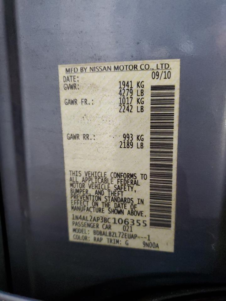 2011 Nissan Altima VIN 1N4AL2AP3BC106355 Copart auction photo, side / front end damage thumbnail 12