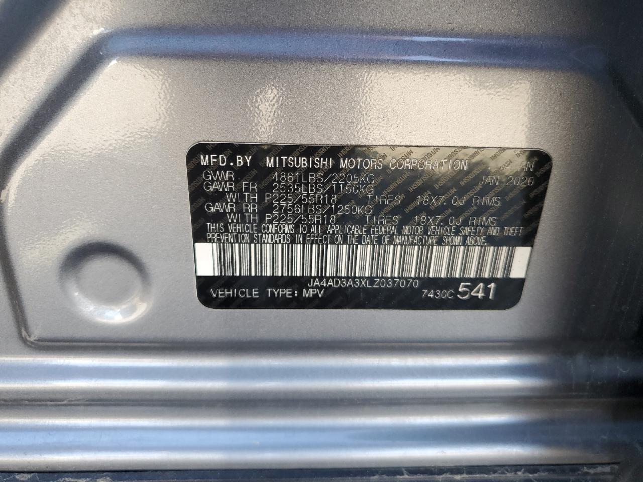 2020 Mitsubishi Outlander VIN JA4AD3A3XLZ037070 Copart auction photo, rear end damage thumbnail 13
