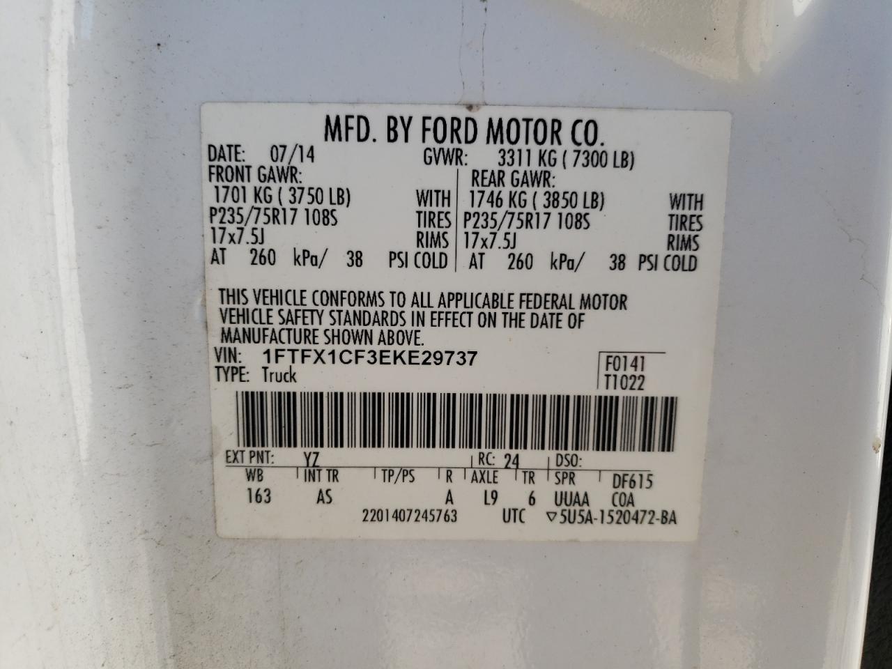 2014 Ford F-150 VIN 1FTFX1CF3EKE29737 Copart auction photo, mechanical / minor dent/scratches damage thumbnail 12